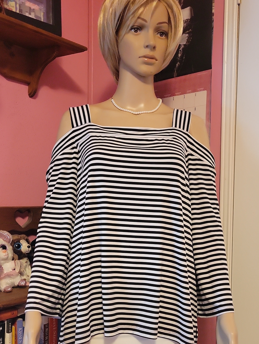 Chico's Black & White Striped Cold-Shoulder 3/4 SleevesTop